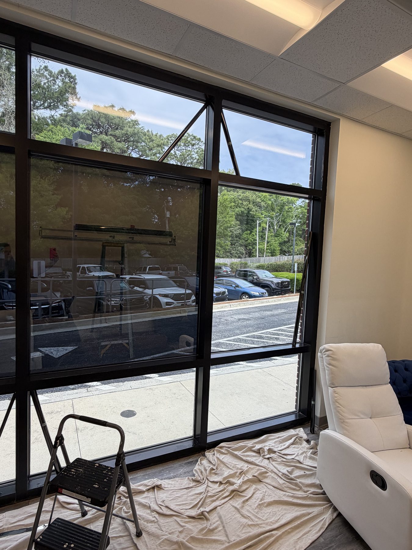 Filmed and unfilmed panes side by side at a Fairhope office