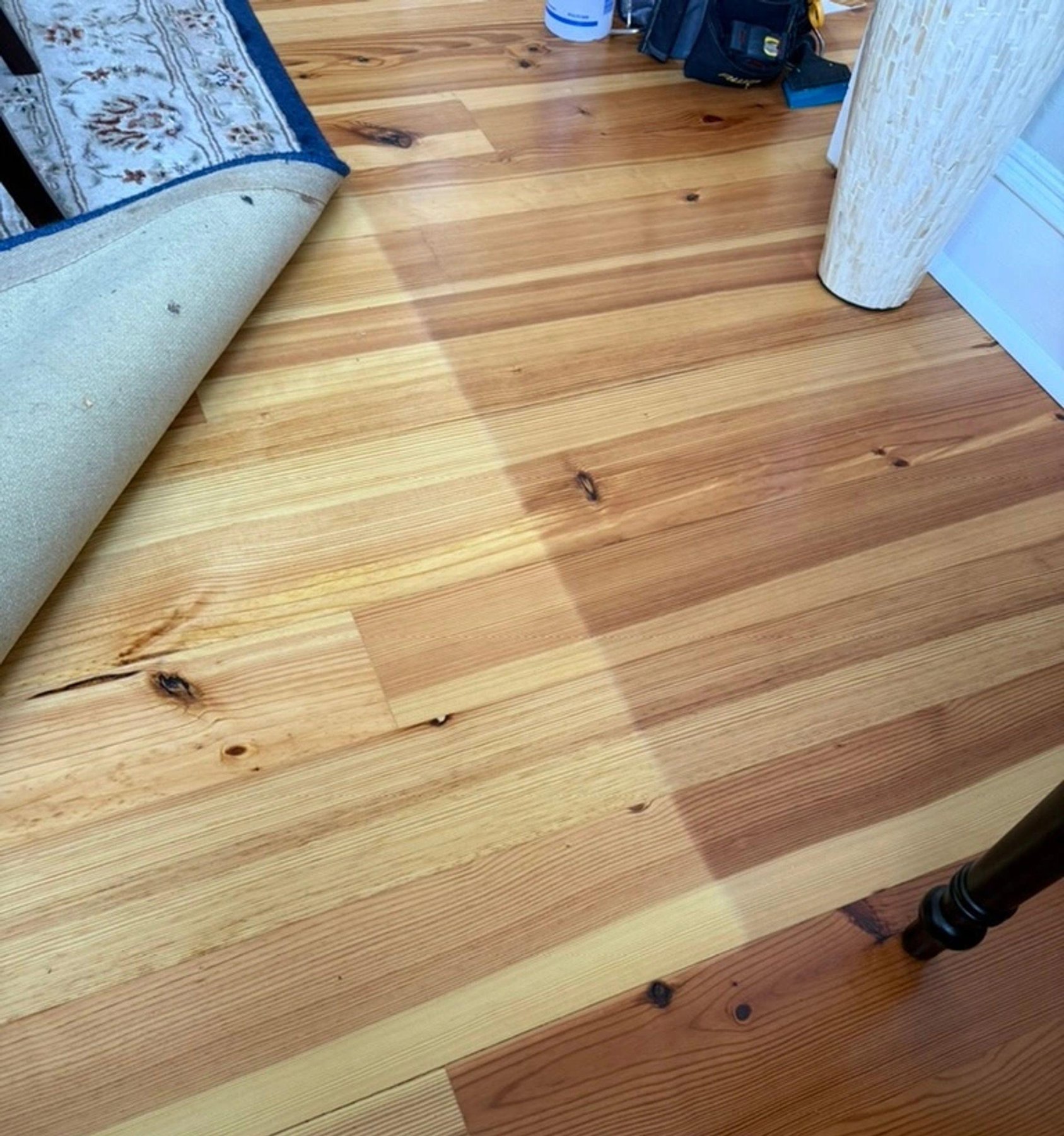 Sunlight bleaching a stripe across heart pine flooring in Oakleigh, Mobile